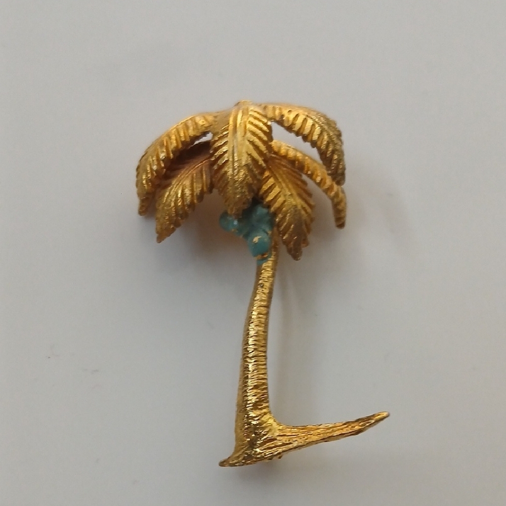 Gold Palm Tree Brooch with Turquoise Accents Approx 2" diameter